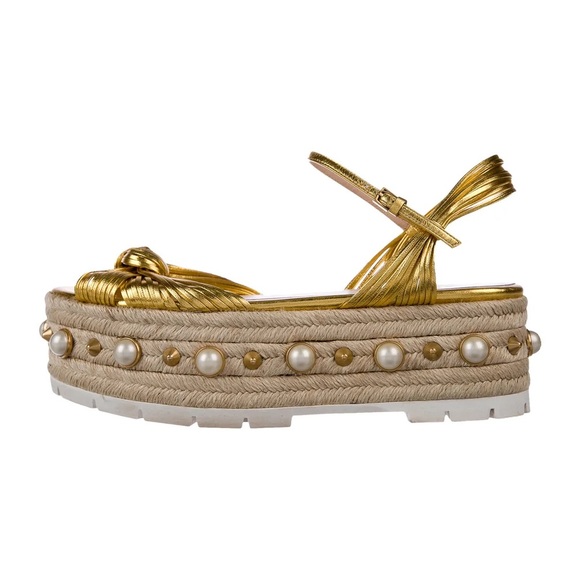 GUCCI - LIMITED EDITION Gold Faux Pearl Accents Espadrille - Picture 1 of 10